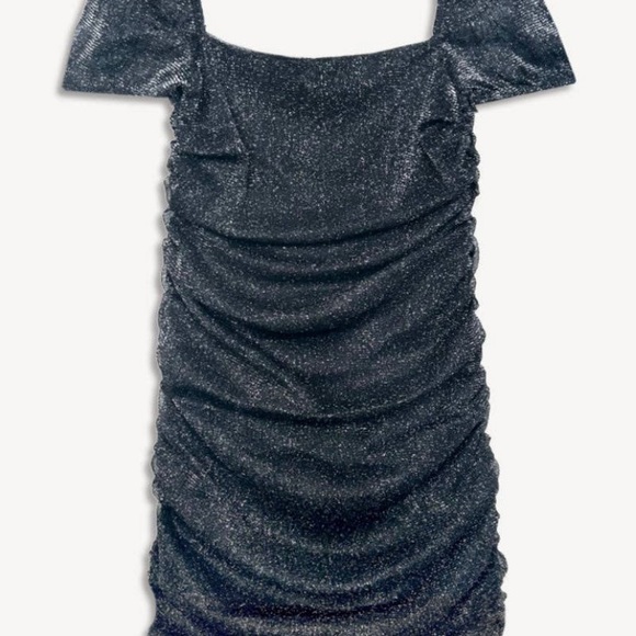 Pixie Lane Black Silver Glitter Mesh Cap Sleeve Ruched Dress - Picture 2 of 2